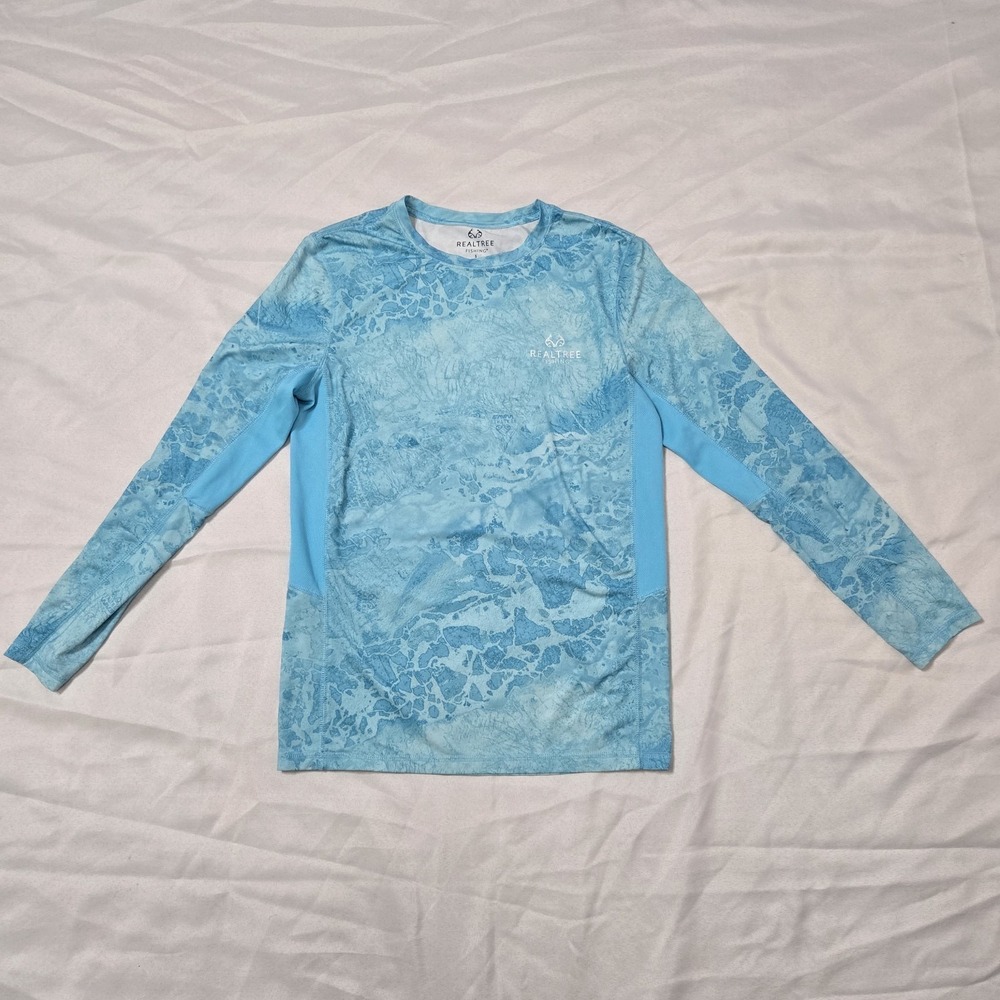 RealTree Fishing Shirt Mens Small White Blue Water Print Long Sleeve Tee Stretch